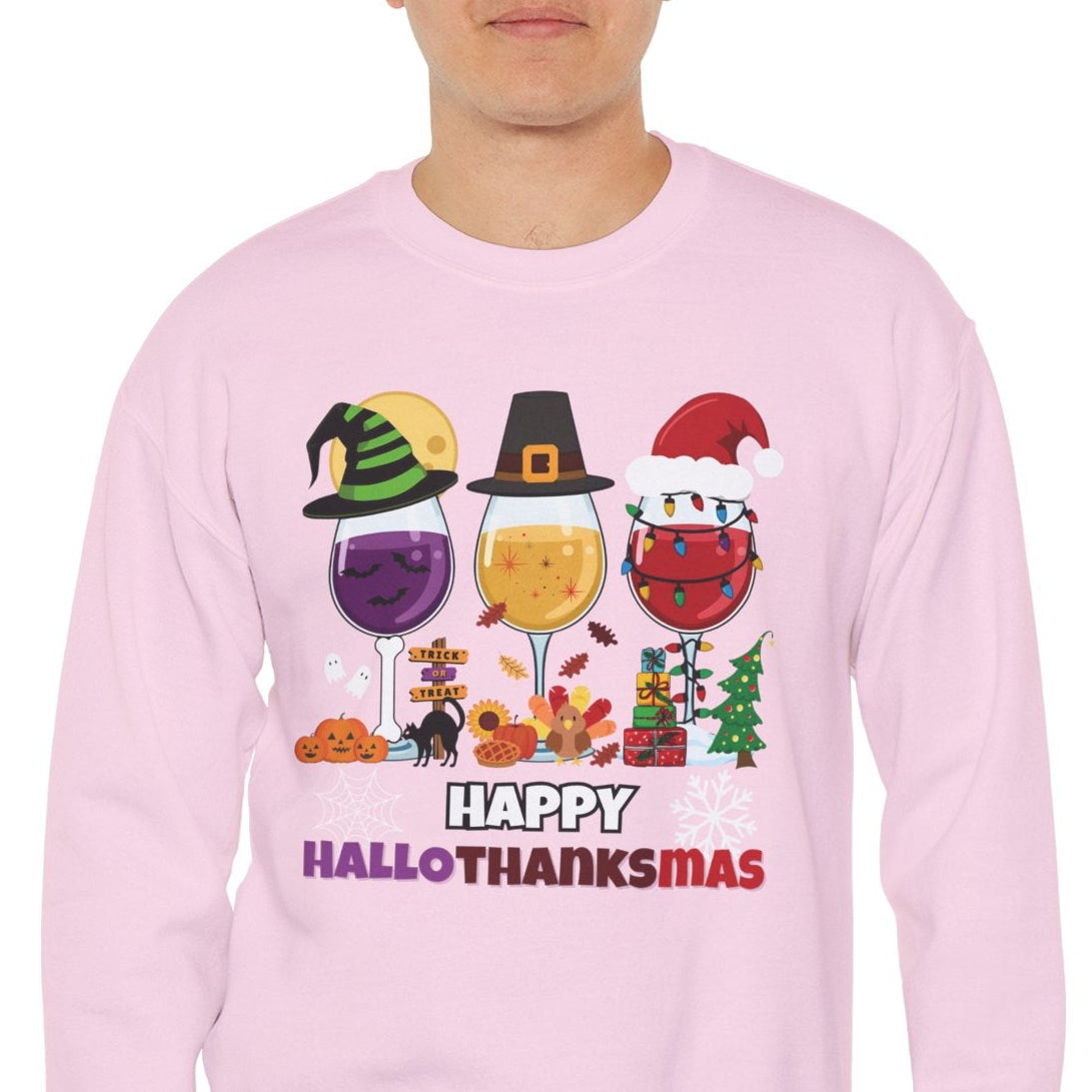 Person wearing a pink sweatshirt with 'Happy HalloThanksmas' design on a white background