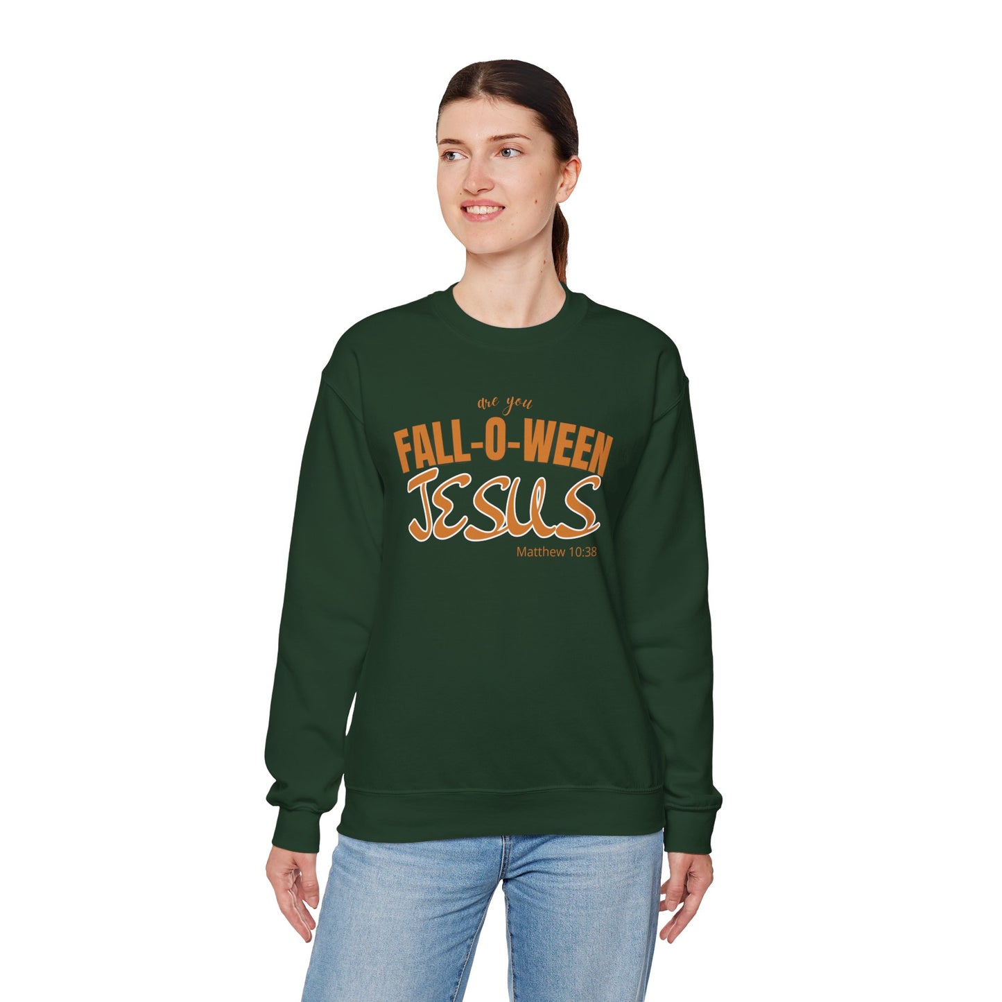 Fall-O-Ween Jesus Sweatshirt (FOREST GREEN), Unisex Crewneck, Jesus Inspired Apparel, Perfect for Autumn, Halloween, Faith-Based Gift