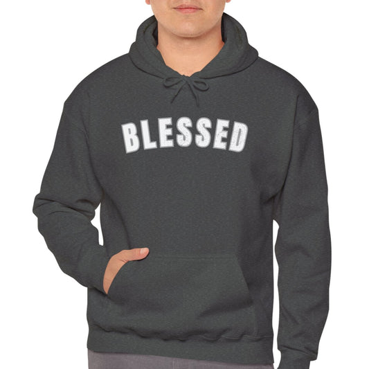 Man wearing a gray hoodie with 'BLESSED' text on a white background
