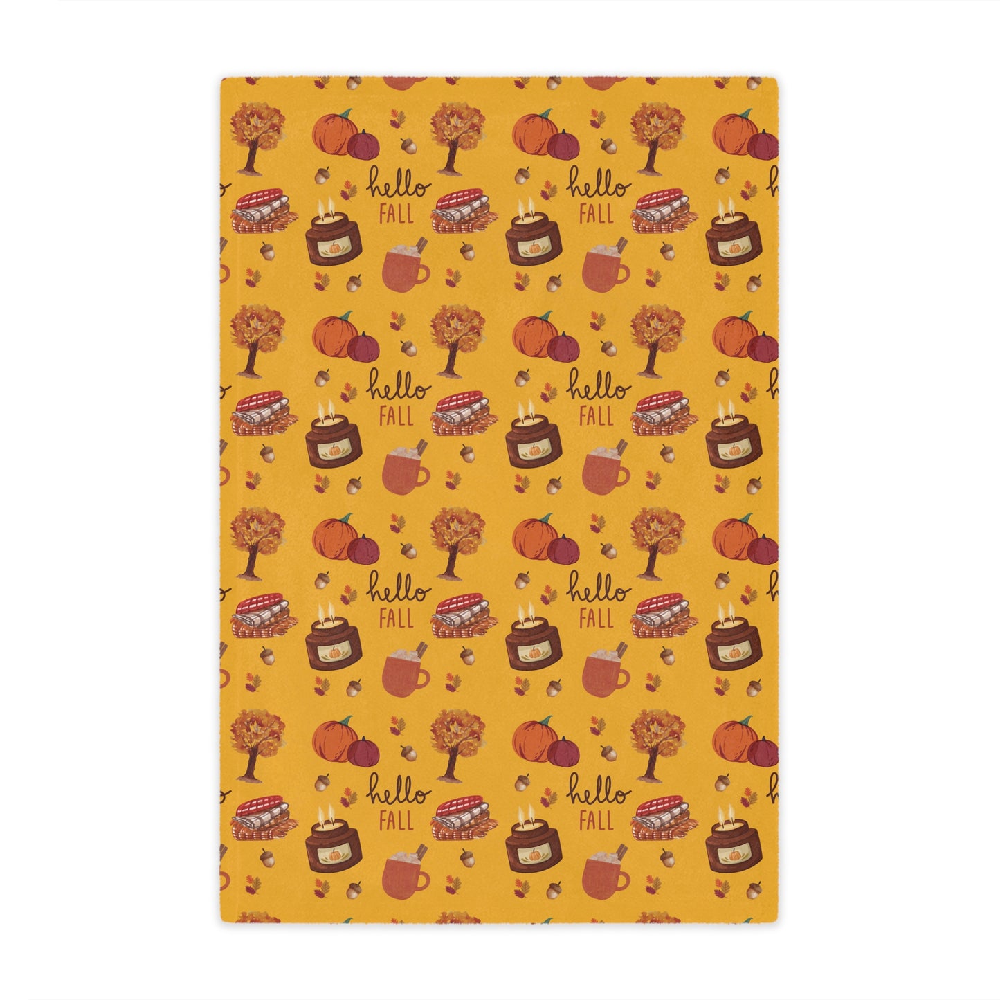 minky blanket with autumn-themed design featuring pumpkins, leaves, and 'hello fall' text on a yellow background.