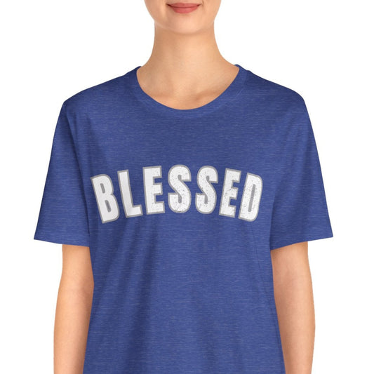 Person wearing a blue t-shirt with 'BLESSED' text on a white background