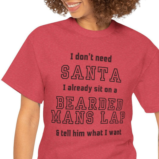 Woman wearing a red t-shirt with humorous text design on a white background
