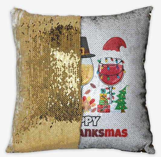 Reversible Sequins Decorative pillow with gold sequin side and 'Happy Thanksmas' design on gray side.