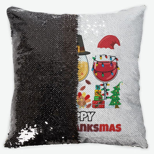 Reversible Sequins Decorative pillow with black sequin side and 'Happy Thanksmas' design on gray side.