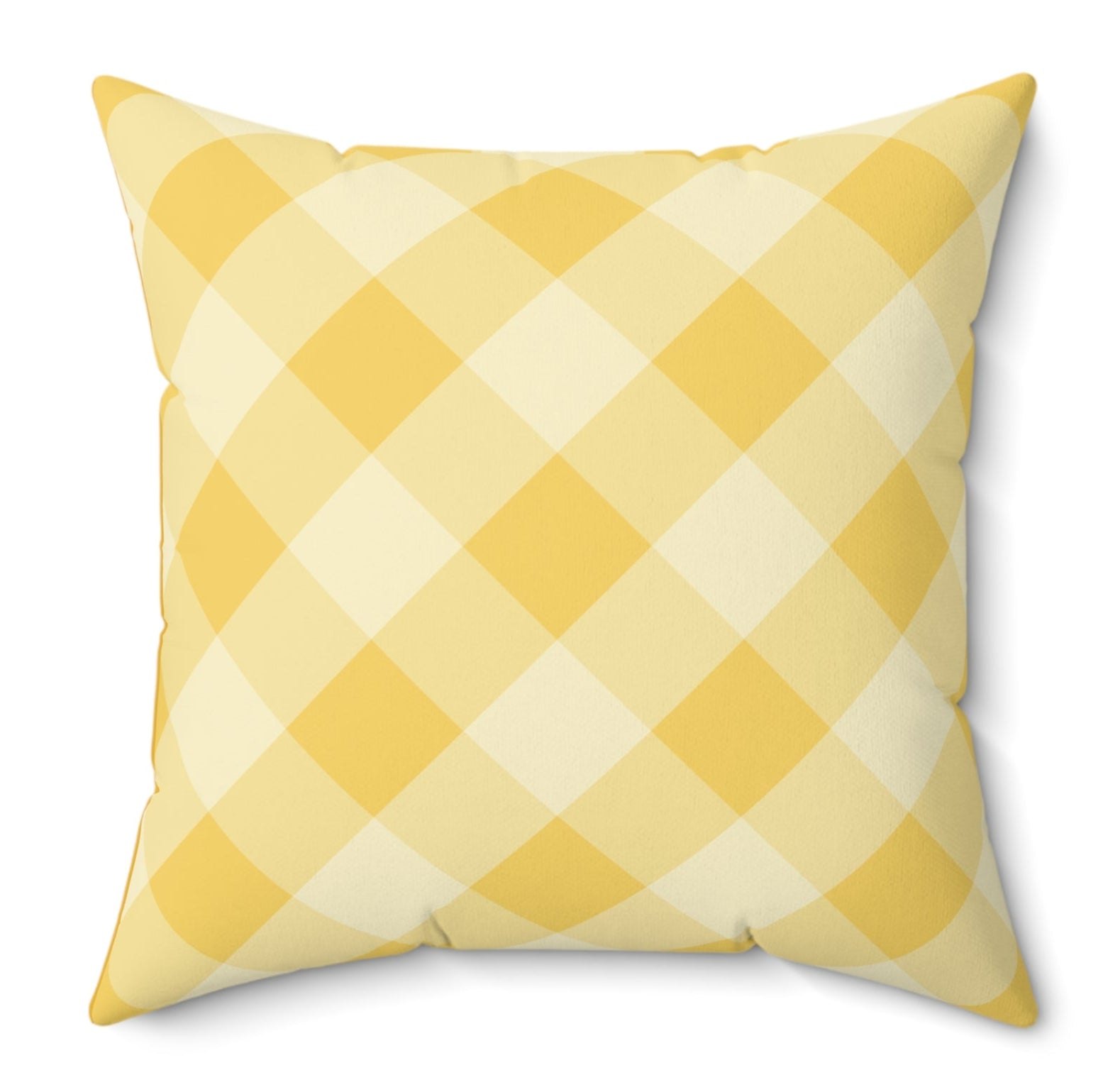 Yellow and cream gingham check pillow, cozy farmhouse-style decorative cushion for fall home decor.