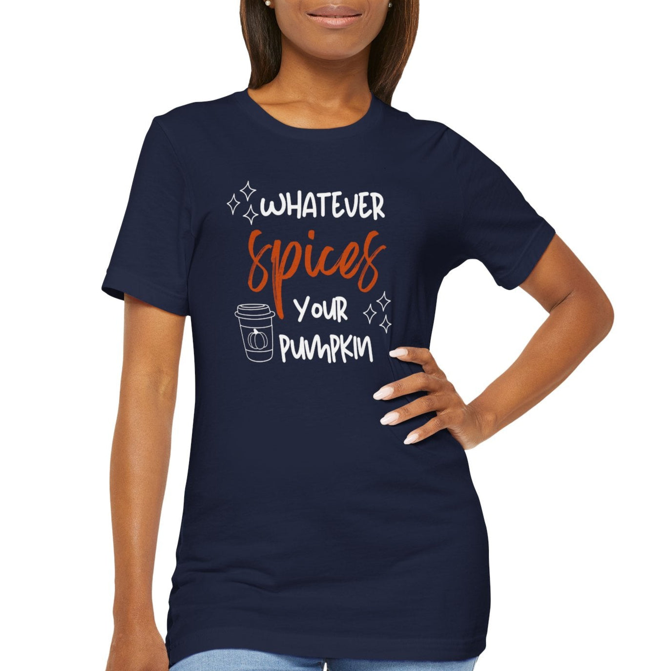 Woman wearing a navy blue t-shirt with text on a white background