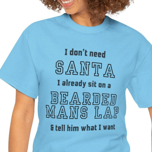 Woman wearing a light blue t-shirt with humorous text design on a white background