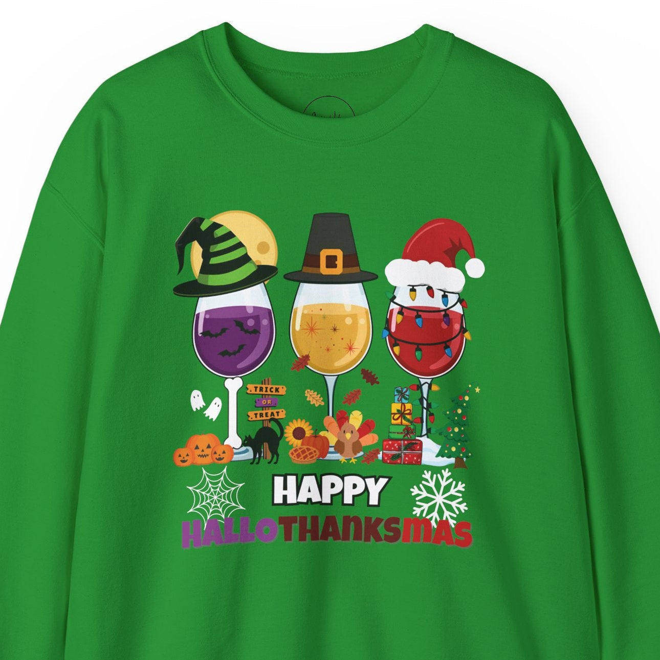 Green sweatshirt with 'Happy All-Thanks-Mas' design featuring wine glasses and holiday elements on a white background.