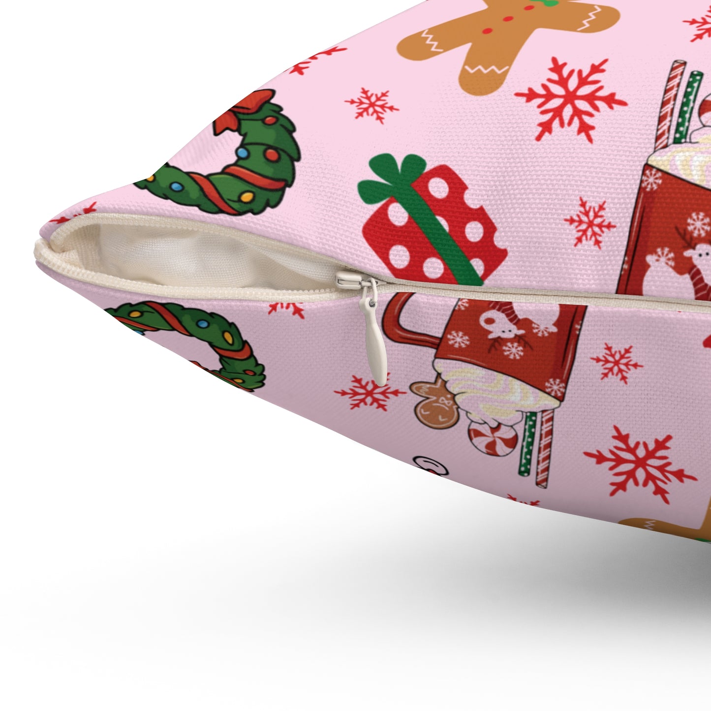 Pink pouch with Christmas-themed designs on a pink background