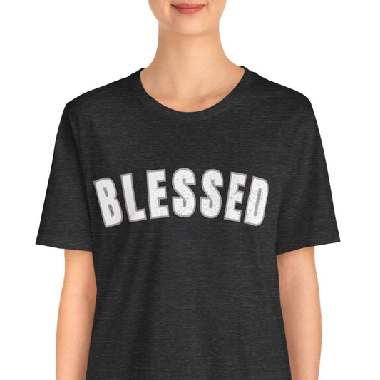 Person wearing a black t-shirt with 'BLESSED' text on a white background