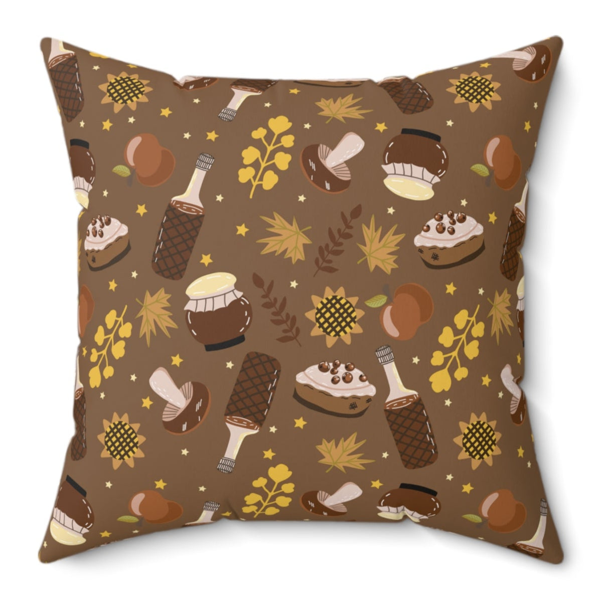Brown pillow with fall-themed pattern featuring bottles, pies, mushrooms, and leaves for autumn home accents.