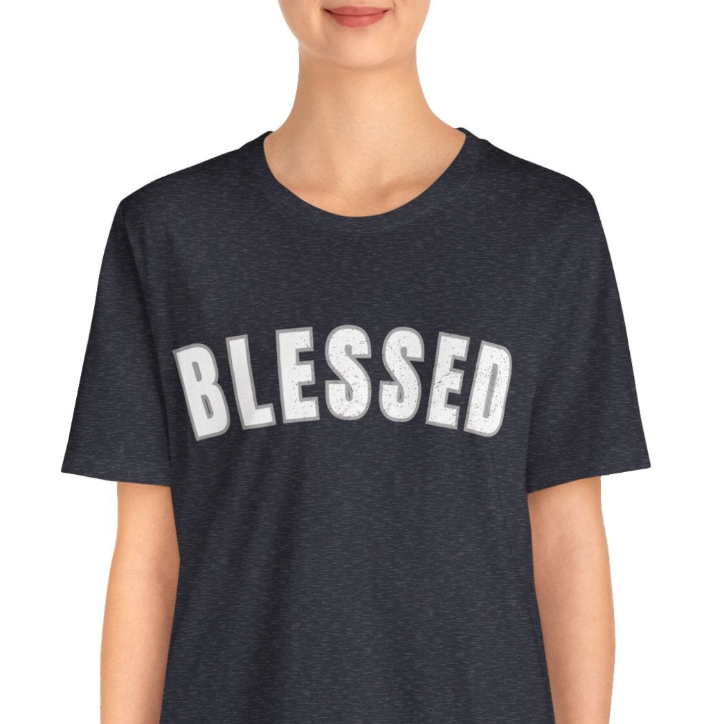 Person wearing a navy blue t-shirt with 'BLESSED' text on a white background