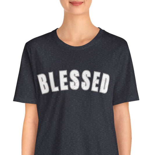 Person wearing a navy blue t-shirt with 'BLESSED' text on a white background