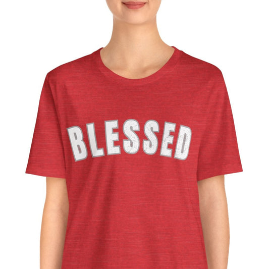 Person wearing a red t-shirt with 'BLESSED' text on a white background