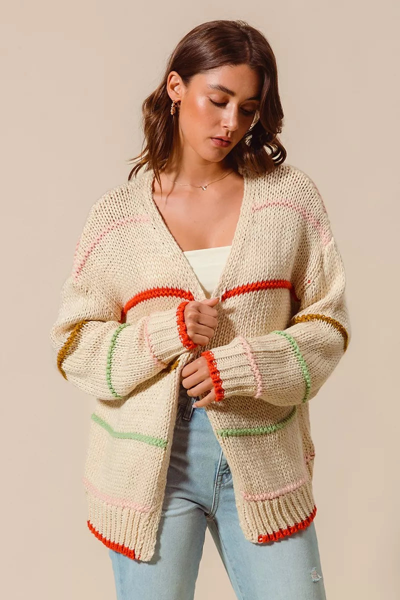 Loose-fit multi-stripe open front cardigan with vibrant colors, soft knit fabric, and relaxed casual style for layering.