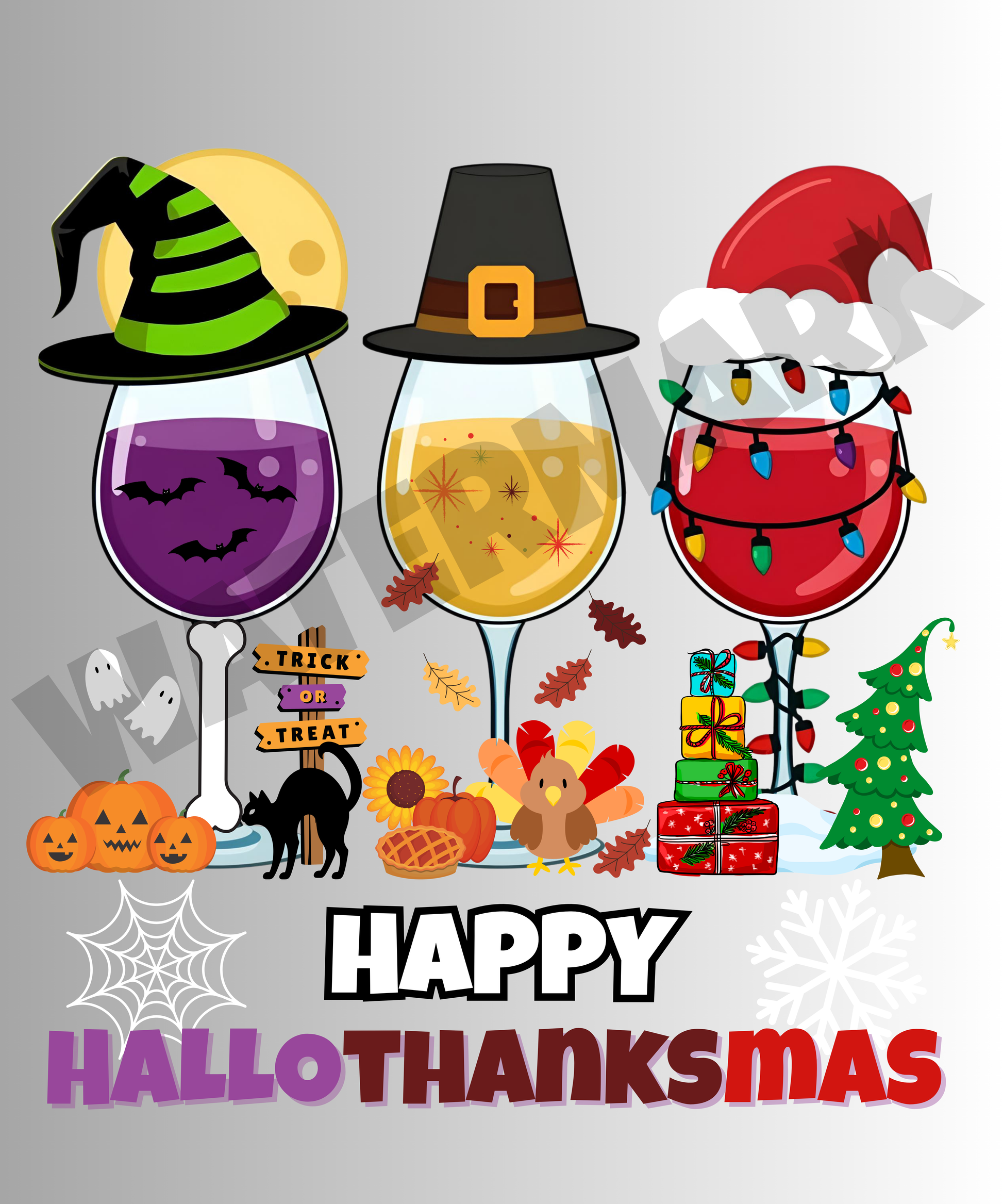 Three wine glasses with festive hats and drinks, labeled 'Happy HalloThanksMas' on a gray background.
