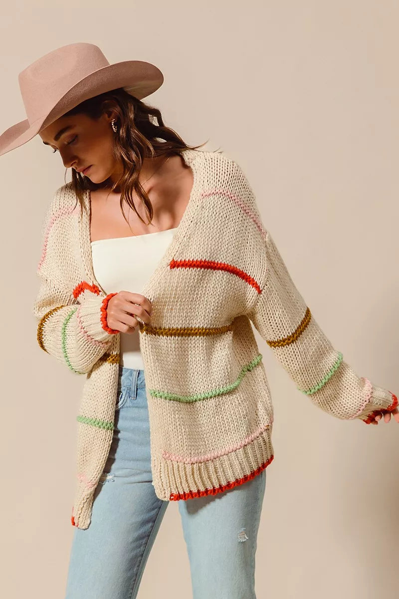 Loose-fit multi-stripe open front cardigan with vibrant colors, soft knit fabric, and relaxed casual style for layering.
