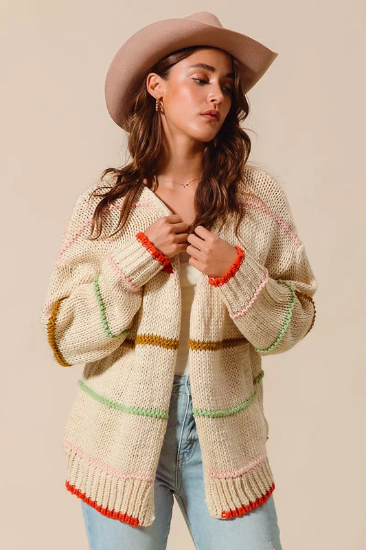 Loose-fit multi-stripe open front cardigan with vibrant colors, soft knit fabric, and relaxed casual style for layering.