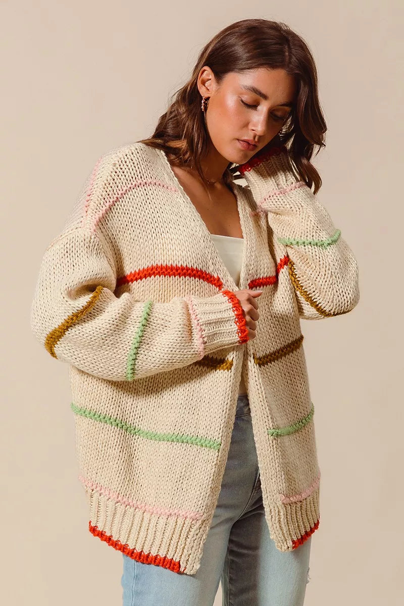Loose-fit multi-stripe open front cardigan with vibrant colors, soft knit fabric, and relaxed casual style for layering.