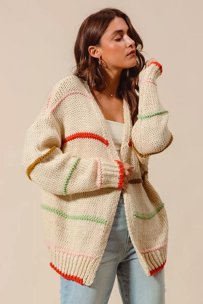 Loose-fit multi-stripe open front cardigan with vibrant colors, soft knit fabric, and relaxed casual style for layering.