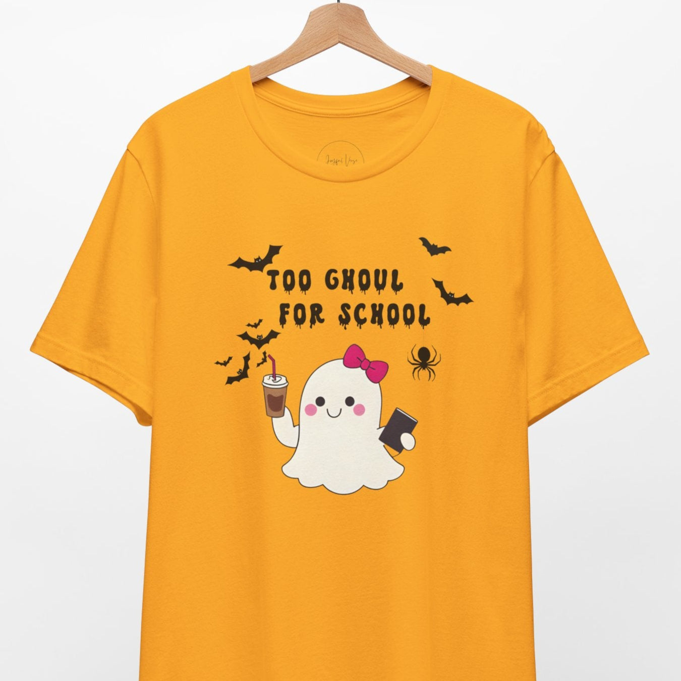 Yellow t-shirt with Halloween-themed design featuring a ghost and text on a white background