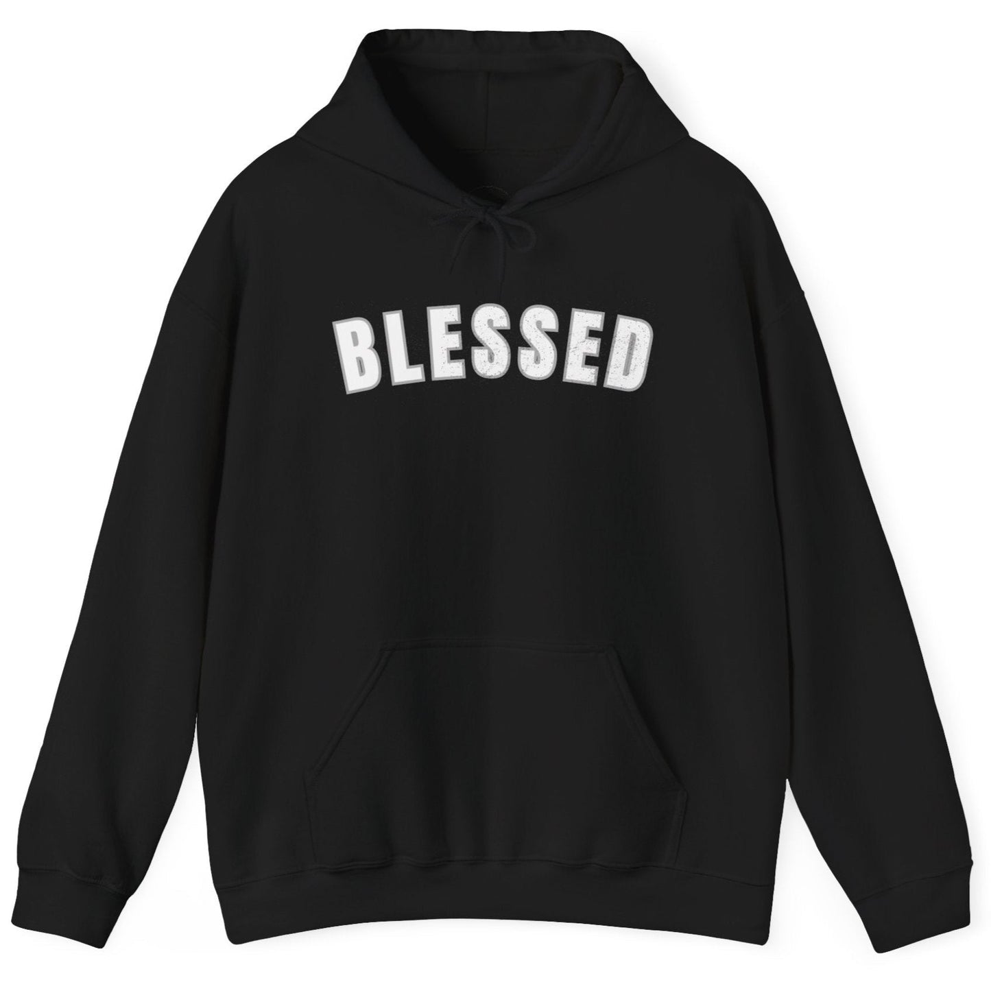 Black hoodie with 'BLESSED' text on a white background