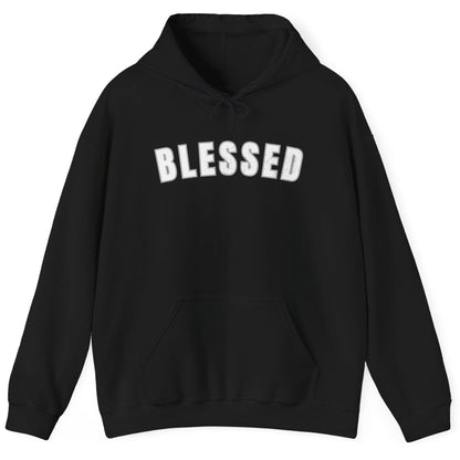 Black hoodie with 'BLESSED' text on a white background