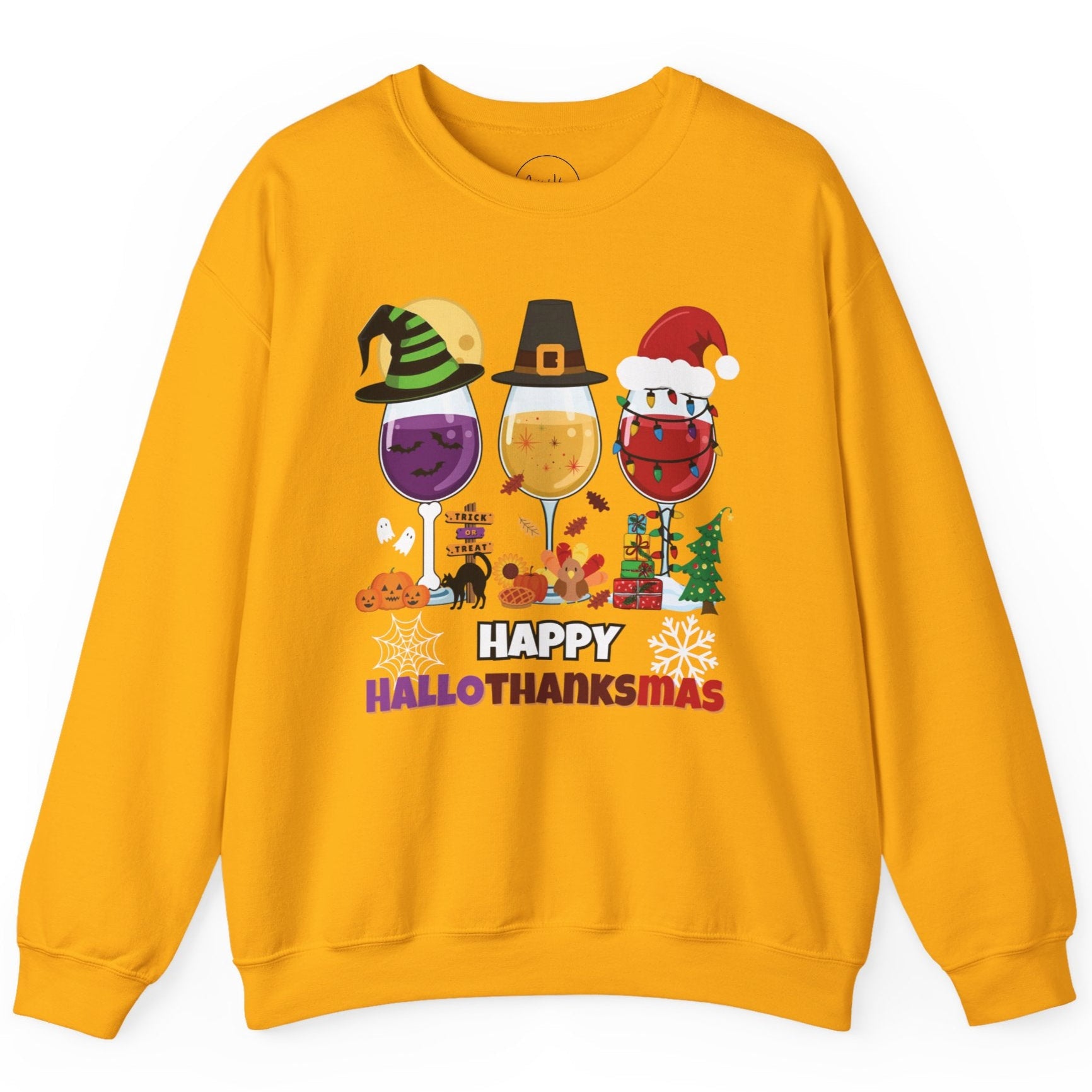 Yellow sweatshirt with 'Happy HalloThanksMas' design featuring wine glasses and holiday-themed graphics on a white background.