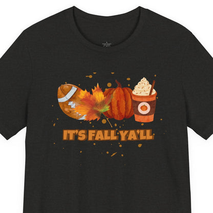 Black t-shirt with autumn-themed graphics and 'It's Fall Ya'll' text on a white background