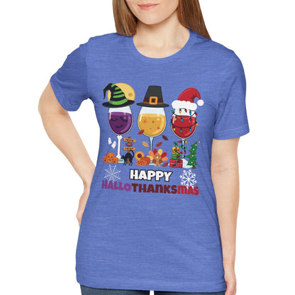 Woman wearing a blue t-shirt with 'Happy Hallo-Thanksmas' design on a white background