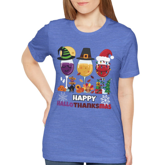 Woman wearing a blue t-shirt with 'Happy Hallo-Thanksmas' design on a white background