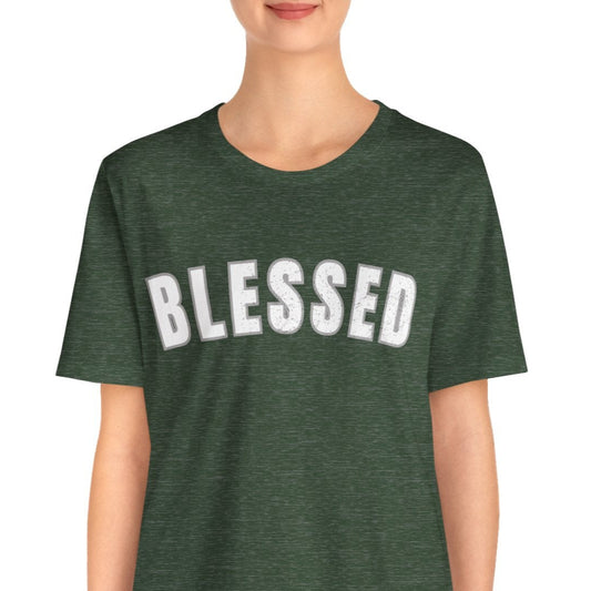 Person wearing a green t-shirt with 'BLESSED' text on a white background