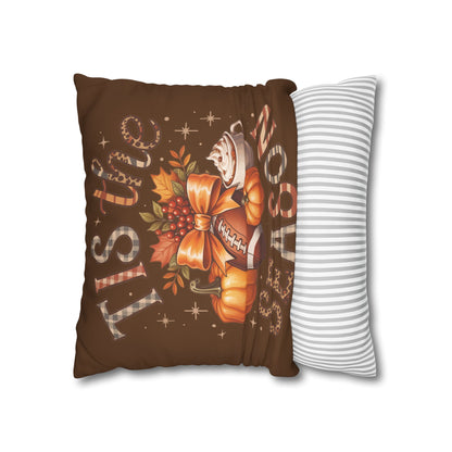 Decorative pillowcase with autumn-themed design and a striped pillow next to it on a white background. Pillowcase only for purchase.