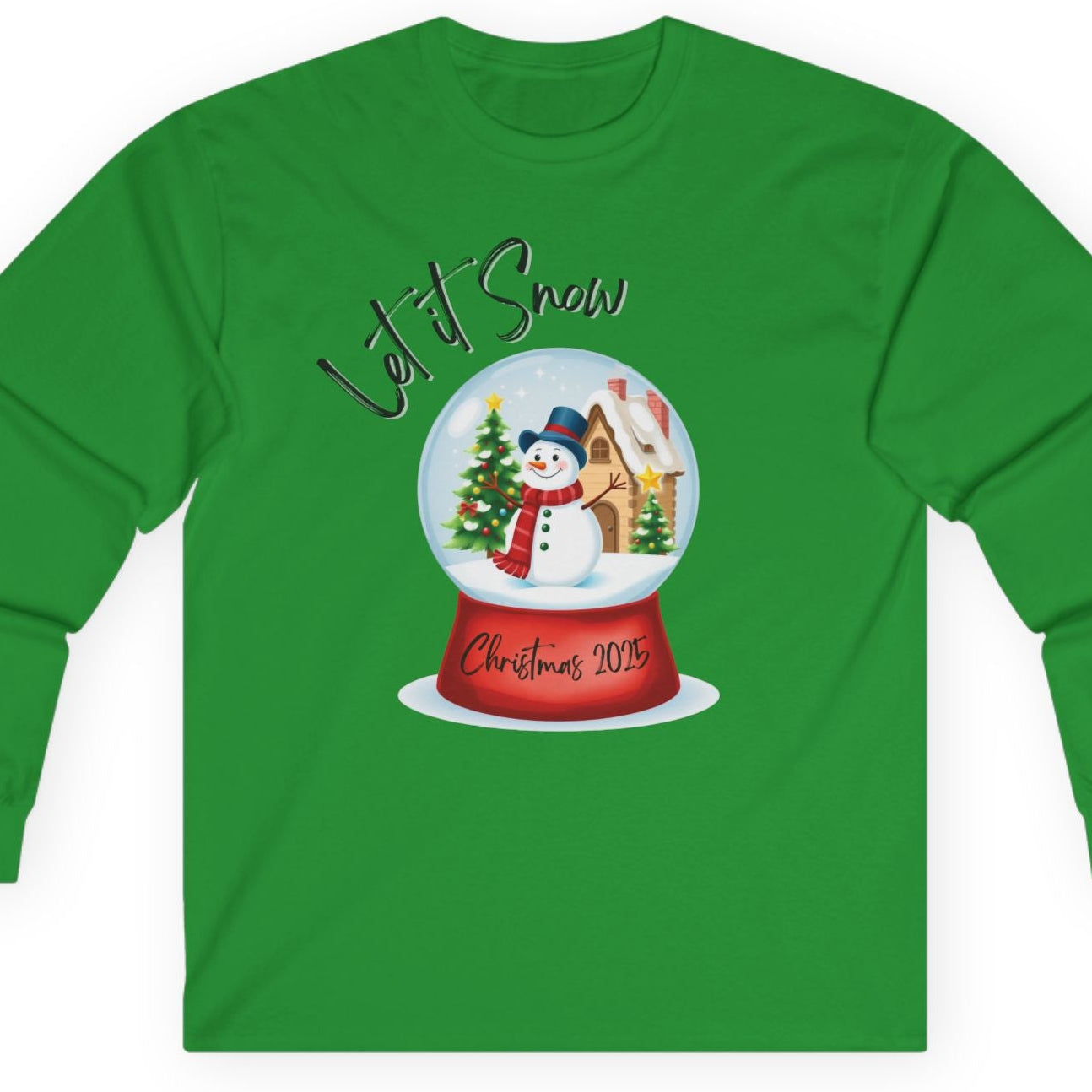 Green long-sleeve shirt with Christmas-themed snow globe design on a white background