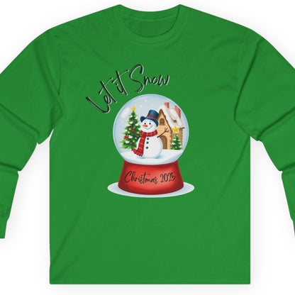 Green long-sleeve shirt with Christmas-themed snow globe design on a white background