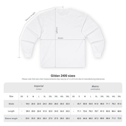 Gildan 2400 size chart for a white sweatshirt with measurements in inches and centimeters.