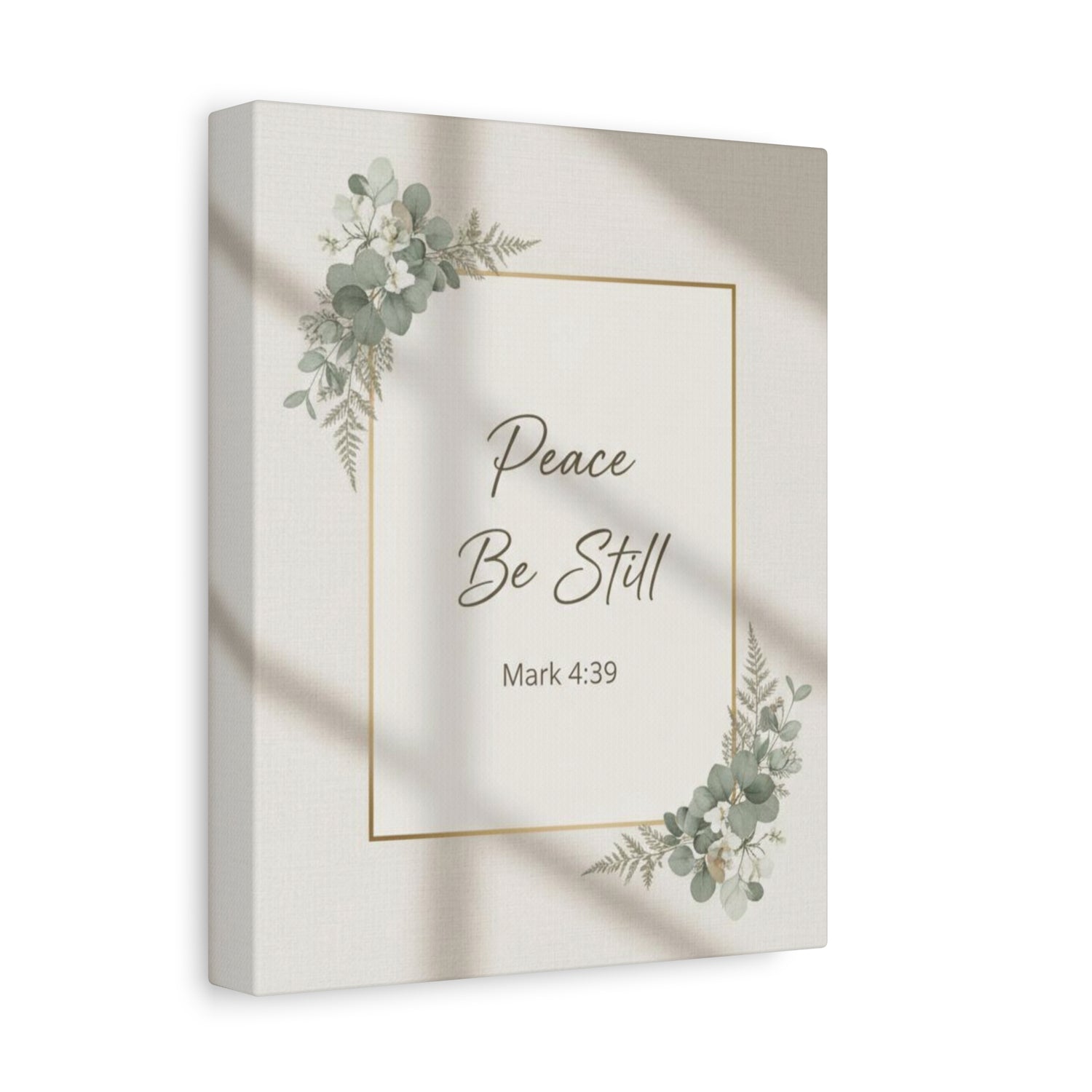 Canvas print with 'Peace Be Still' quote and eucalyptus design on a white background