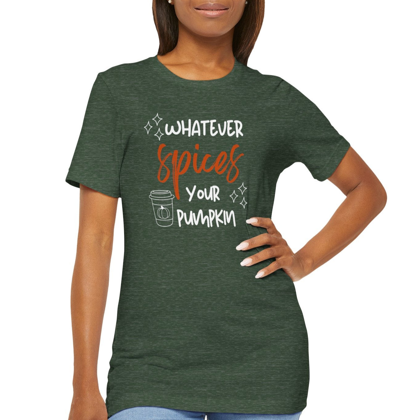 Woman wearing a green t-shirt with text on a white background