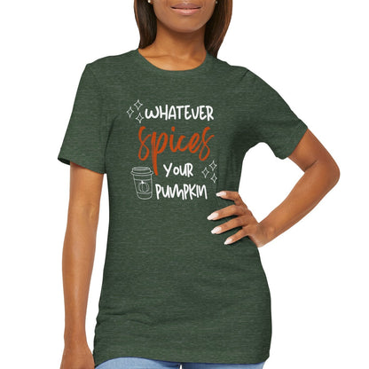 Woman wearing a green t-shirt with text on a white background