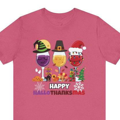 Dark Pink t-shirt with 'Happy HalloThanksMas' design featuring glasses and holiday-themed graphics on a white background.