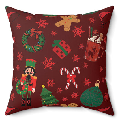 Decorative Dark Red pillow with Christmas-themed pattern on a white background