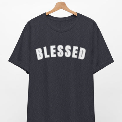 Black t-shirt with 'BLESSED' text on a hanger against a white background