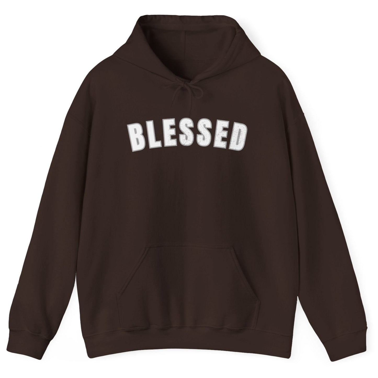 Brown hoodie with 'BLESSED' text on a white background