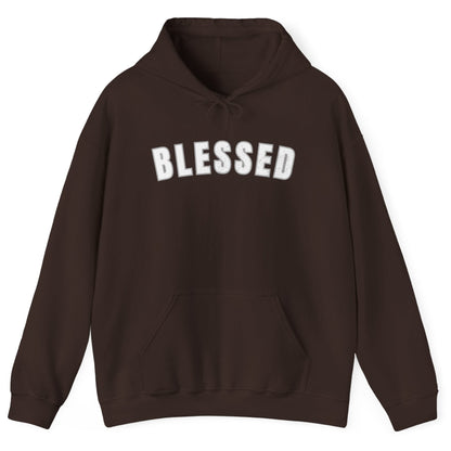 Brown hoodie with 'BLESSED' text on a white background