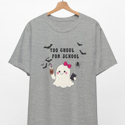 Gray t-shirt with a ghost design and text 'Too Ghoul for School' on a hanger against a white background