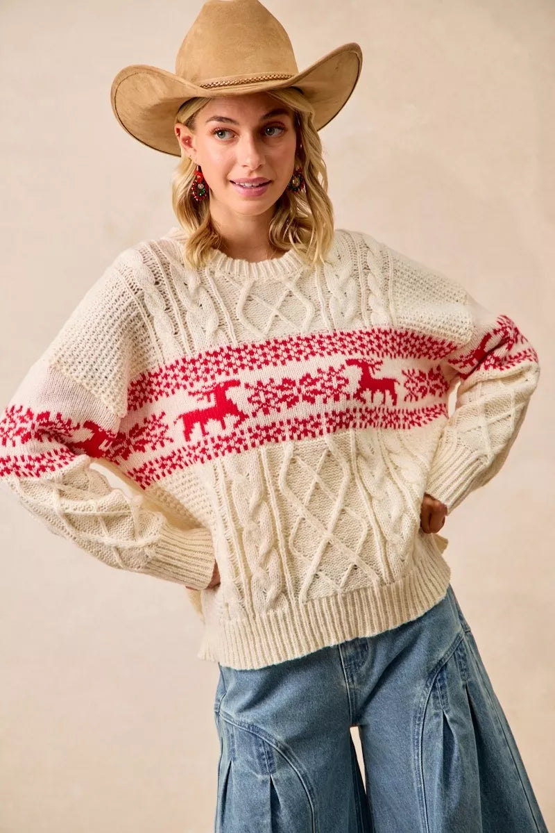 Christmas-themed cable knit sweater with festive red and white holiday pattern on a model.