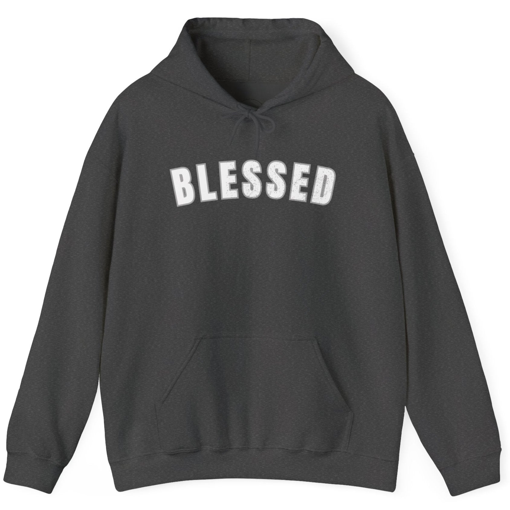 Gray hoodie with 'BLESSED' text on a white background