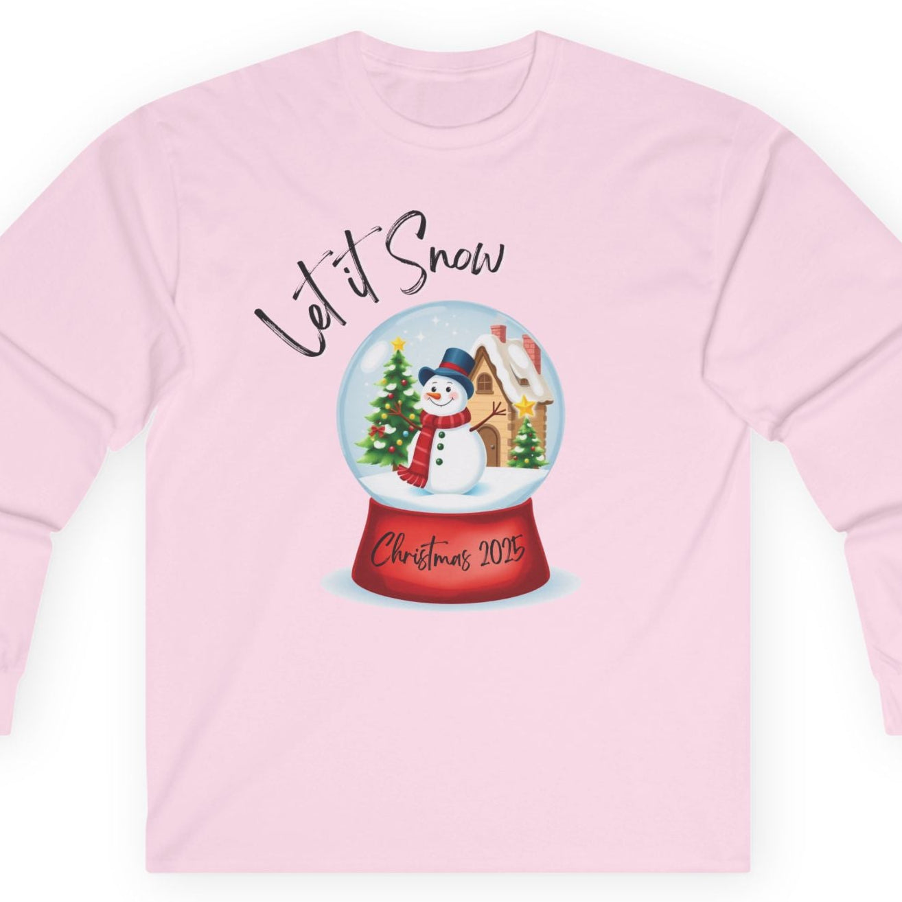 Pink long-sleeved tshirt with a Christmas-themed snow globe design on a white background