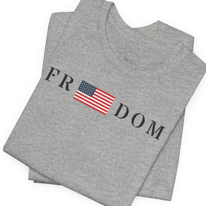 Gray t-shirt with 'FR DOM' and American flag design on a white background