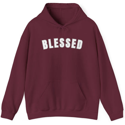 Maroon hoodie with 'BLESSED' text on a white background